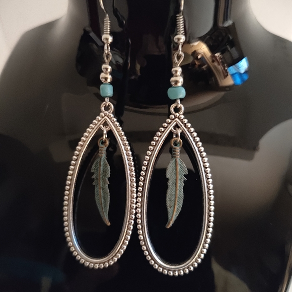 Silver Teardrop Dangle Earrings with Turquoise Feather Charms - Picture 5 of 6